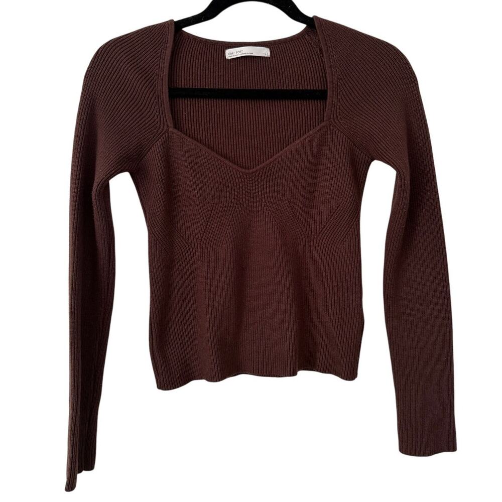 OAK + FORT Brown Sweetheart Neckline Cropped Knit Ribbed Sweater Small Casual